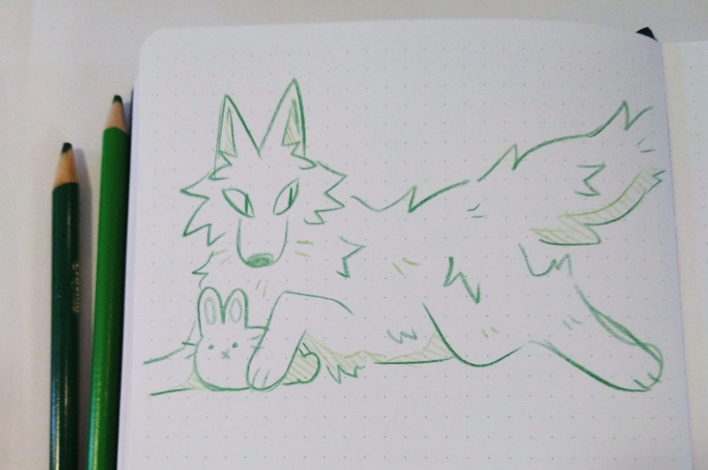Color pencil drawing of a wolf holding a little bunny