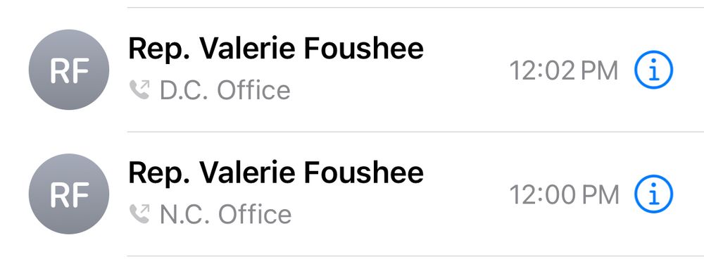 A screenshot from my phone showing that I called representative Valerie Foushee