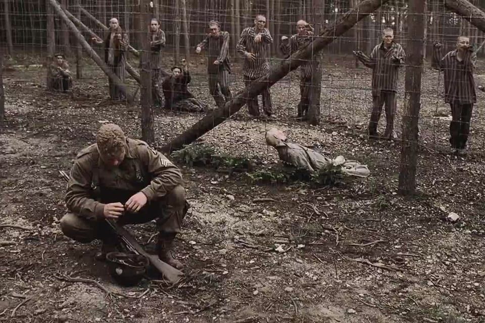 Screen grab from Band of Brothers when they discover the concentration camp.