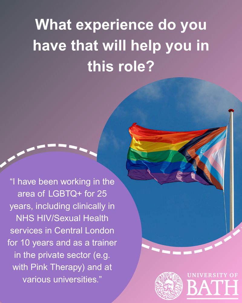 White text on a purple background, with an image of the pride flag: 'What experience do you have that will help you in this role?'  Catherine: 'I have been working in the area of LGBTQ+ for 25 years, including clinically, as a trainer in the private sector, and at various universities.'
