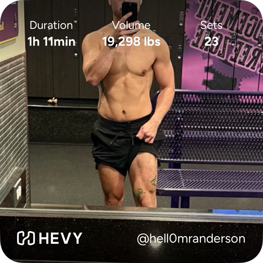 Hevy workout with picture of a shirtless man pulling up his pant leg to show muscular quads. The username is @hell0mranderson