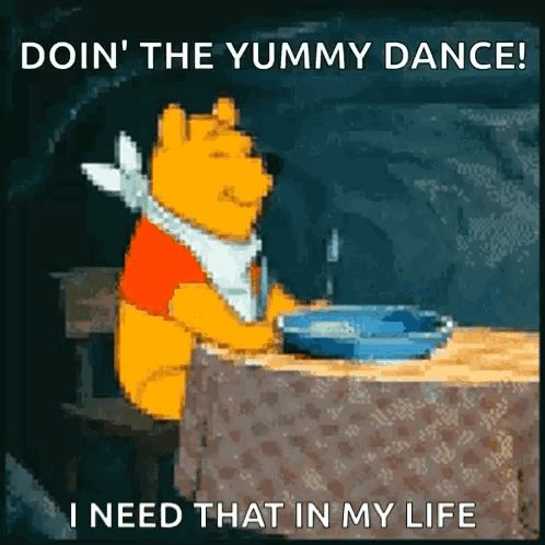 a cartoon of winnie the pooh sitting at a table with the words doin ' the yummy dance !