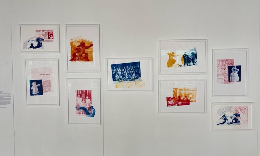 A series of portraits by Melise Djemal that show bright blue, red, yellow and red pictures and paraphernalia overlaid on top of each other.