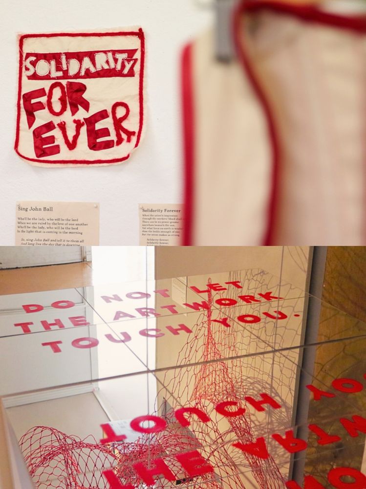 1. Textile square says solidarity forever. Bottom image is a mirror that says Do not let the art work touch you. 2. Shards of painted ceramic tied with ribbons on top. Bottom show materials from nature including a smear of yellow powder, acorns and string. 3. Private Bye, a fake newspaper, shows impeachment specials. The bottom image shows magnets that say This decision is by the people for the people.