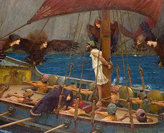 Painting of harpies (sirens?) in dialogue with Odesseus who is wearing a white tunic and green hat and is tied to his ship’s mast; his crew are rowing furiously with their ears covered

I think I remember the blog in question using this or a similar image 