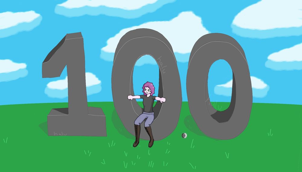 Character with pink hair sits inside the first 0 of a metal 100 sculpture.