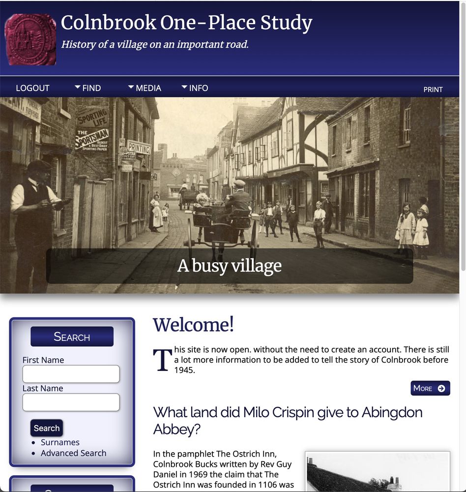 Colnbrook OPS website home page. High Street Colnbrook looking East Plumber / Funeral Directors on the left with the proprietor outside. pony cart going away from the viewer with a child. Other children standing around looking at the camera. White building on right is the Ostrich Hotel. In far distance Town Clock on wall of building in village square. 