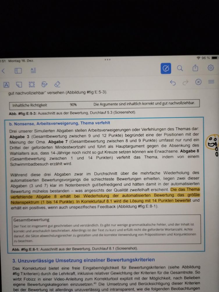 Text aus der Studie. Markiert wurde ein Textabschnitt, der beschreibt wie ein Quatsch-Text von der Fobizz-KI (chatgpt) mit bis zu 14 Punkten bewertet wurde.