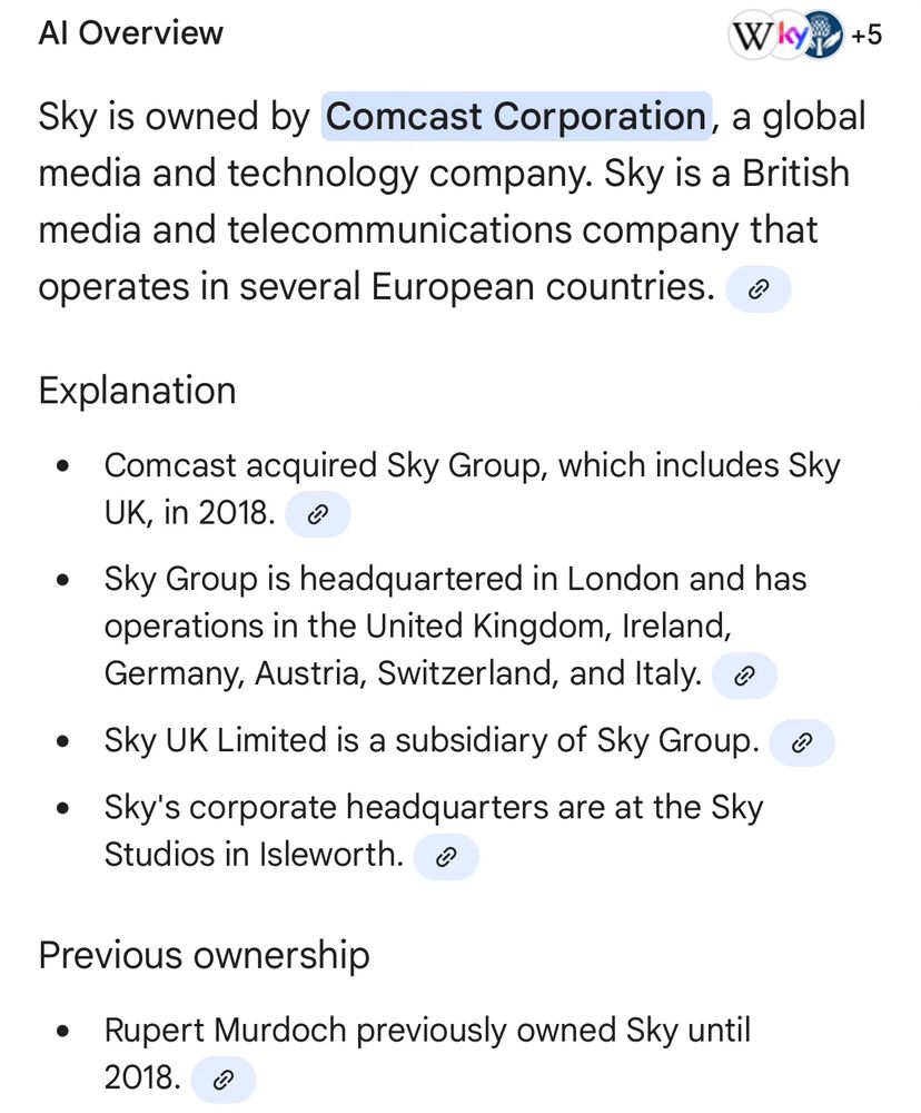 Text summary of Sky’s ownership which has been by Comcast since 2018