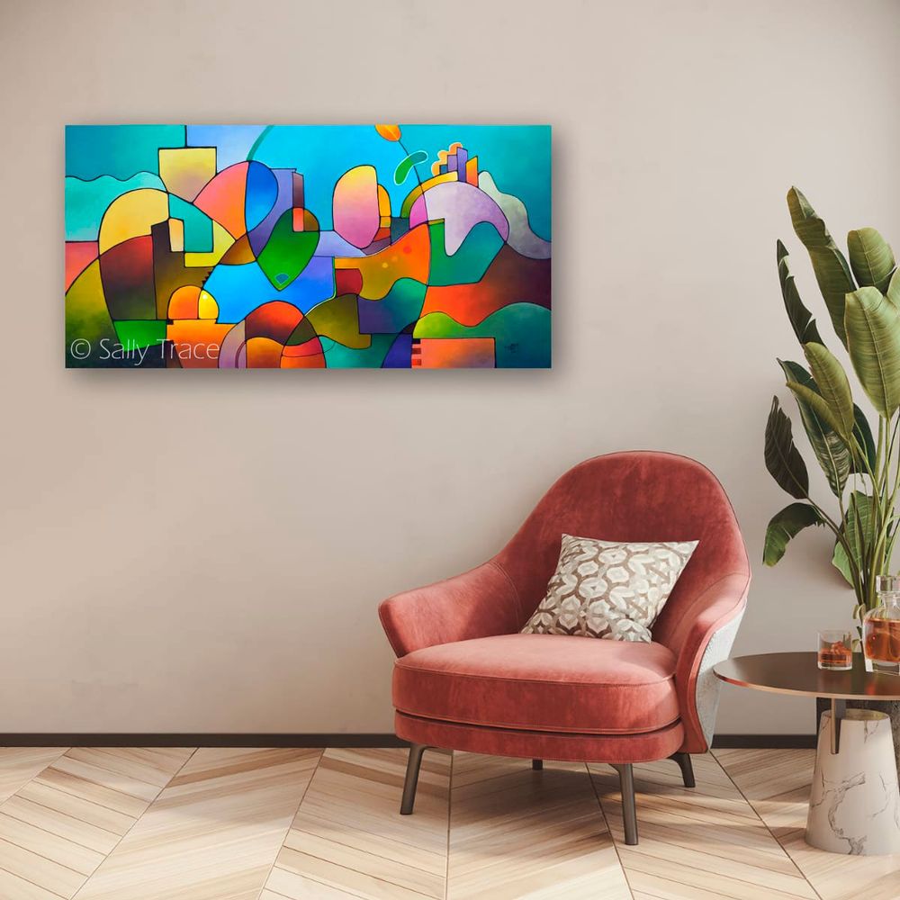 “Diversification” abstract landscape fine art prints, contemporary modern geometric colorful abstract art prints, geometric abstract wall art prints by Sally Trace, room view