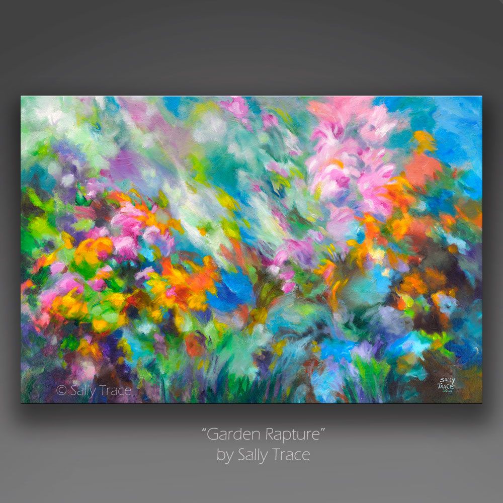 Contemporary fine art prints on canvas from my original abstract painting "Garden Rapture" Abstract art on canvas for sale.  Canvas or paper prints are made from my original colorful abstract garden art painting "Garden Rapture", colorful abstract garden wall art for the living room, office decor, living room decor