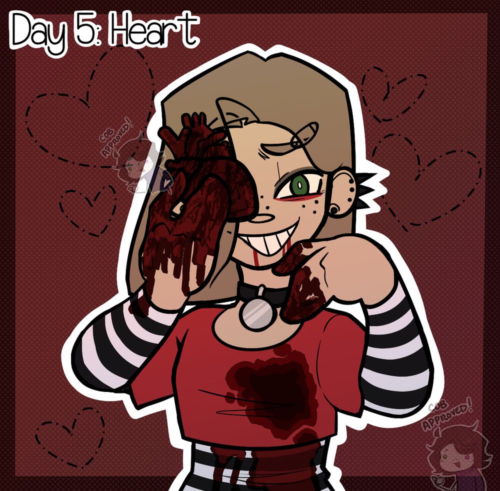 A pale girl with short, light brown hair grins smugly at the camera while holding her own heart over her right eye.