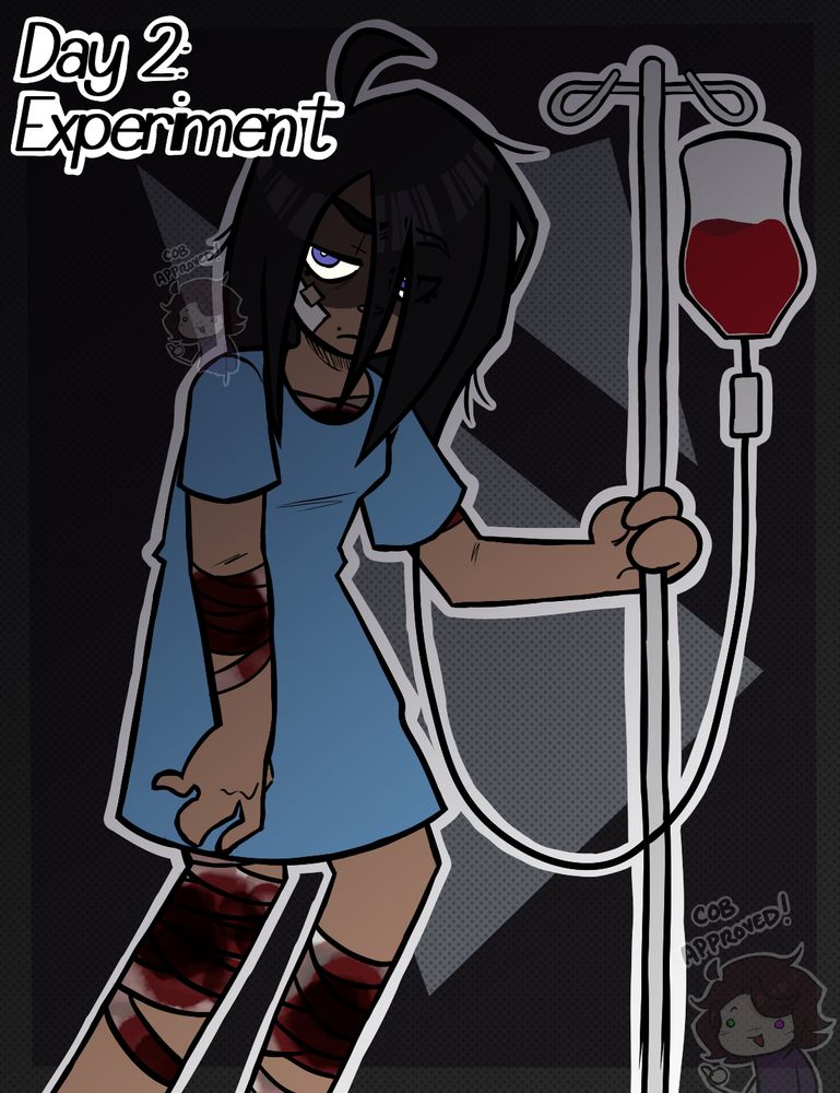 A tan girl standing hunched and leaning on an IV pole. Her long black hair is in her face and she's scowling at the viewer. She's wearing a blue hospital gown and is covered in bloody bandages.