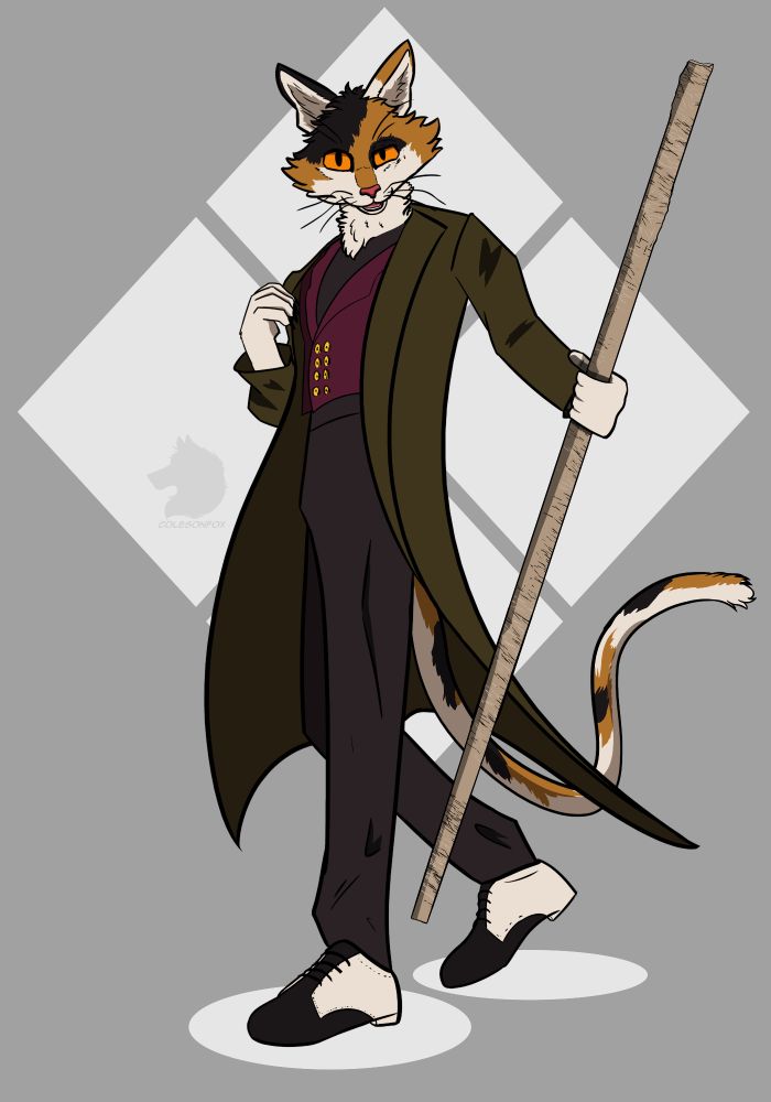 A calico anthropomorphic cat wielding a wizard staff and sporting a long green coat, purple vest, and fancy dancing shoes makes his way towards the camera. The background is an abstract windowpane of white squares. The faded artist watermark reads ColesonFox