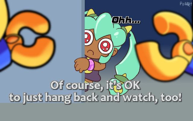 A drawing by pizzastart of Yuna from Mega Man Legends 2 peeking around a corner and saying "Ohh..." as she looks with sad eyes at two Servbots in the foreground. This drawing is a remake of an image seen during a promo video for MegaMan Legends 3, where a Servbot is doing the same thing in Yuna's place. Text at the bottom reads "Of course, it's OK to just hang back and watch, too!"

Link to the referenced video:
https://www.youtube.com/watch?v=5rjGpT0Vp6I