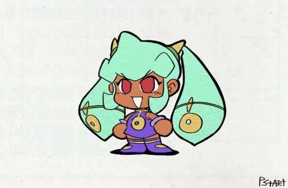 A drawing of Yuna from Mega Man Legends 2 by PizzaStart. She is small in stature and making a defiant face.