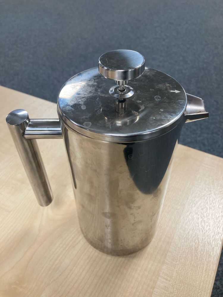 A silvery metallic cafetière. But perhaps i should have wiped off a few smeary finger prints before i took the photo! 