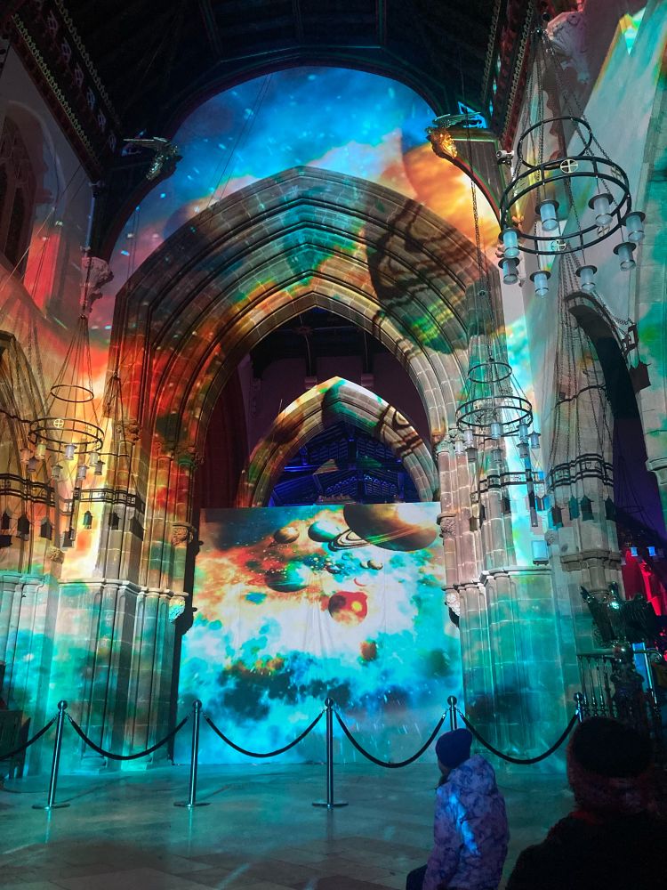 Colourful light projections inside Leicester Cathedral.