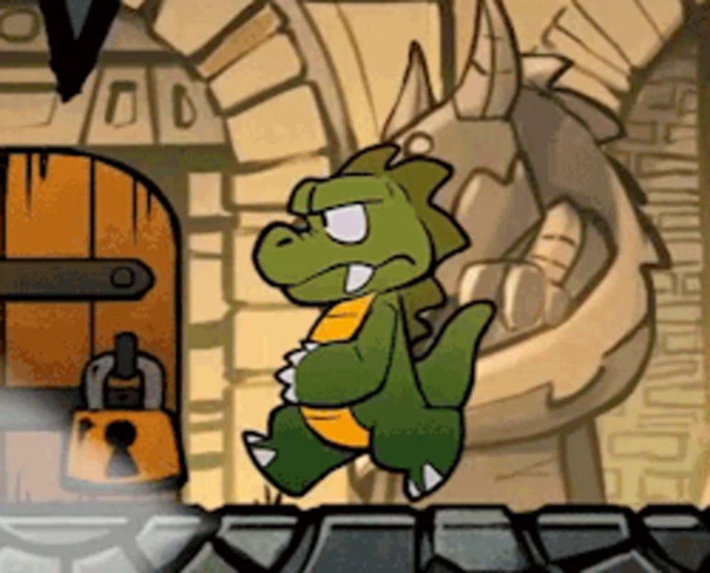 a cartoon drawing of a green dragon standing in front of a castle door