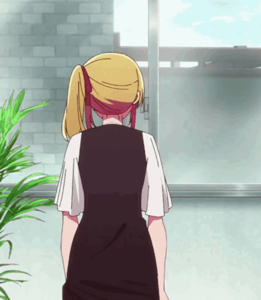 a blonde anime girl in a black dress is standing in front of a window