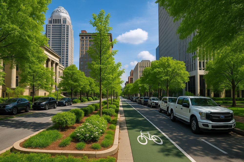 AI generated greening of Jefferson street with a tree’d median looking east from 6th St