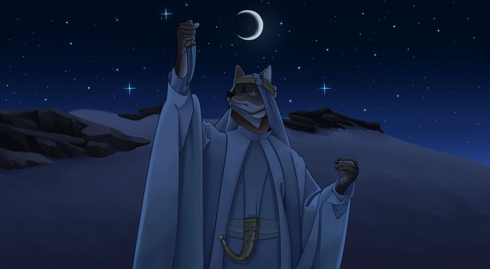 Night time, desert. An anthro jackal dressed in traditional arabian clothing is holding a dagger to the sky.