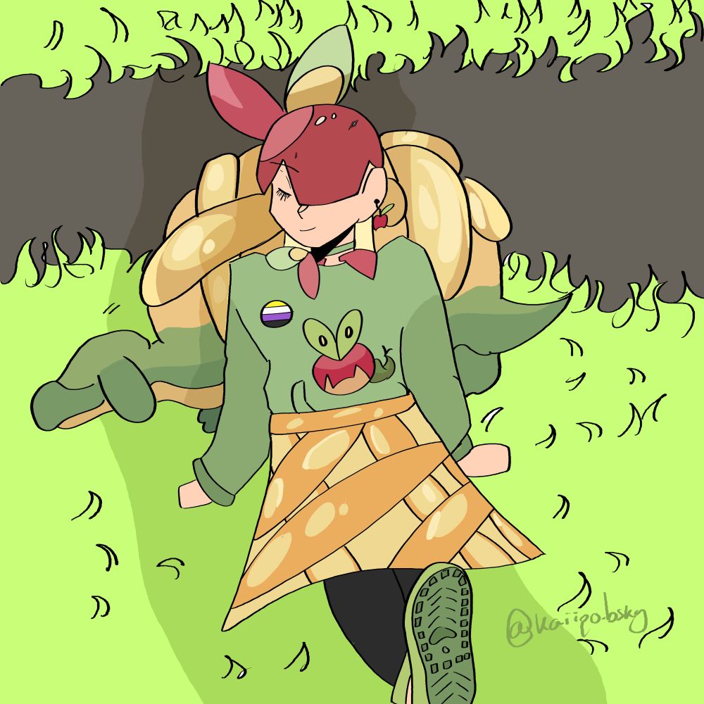 My oc Gala lying on appletuns back, they are nonbinary, wearing a green jumper, pastry patterned apron, green crocs and an apple shell helmet they stole from appletun