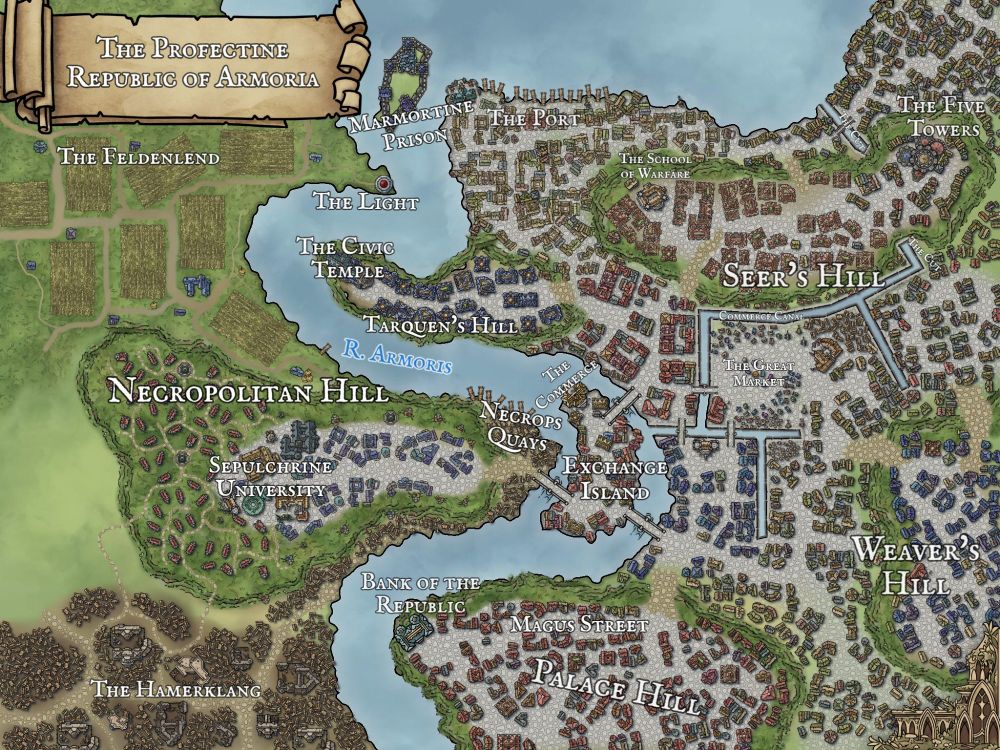 A map describing the snaking oxbows of the River Armoris and the city of Armoria on its banks