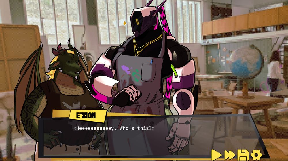 screenshot of my game with two sprites, e'xion (a big buff robot) and gaia (a masc presenting dragon woman).