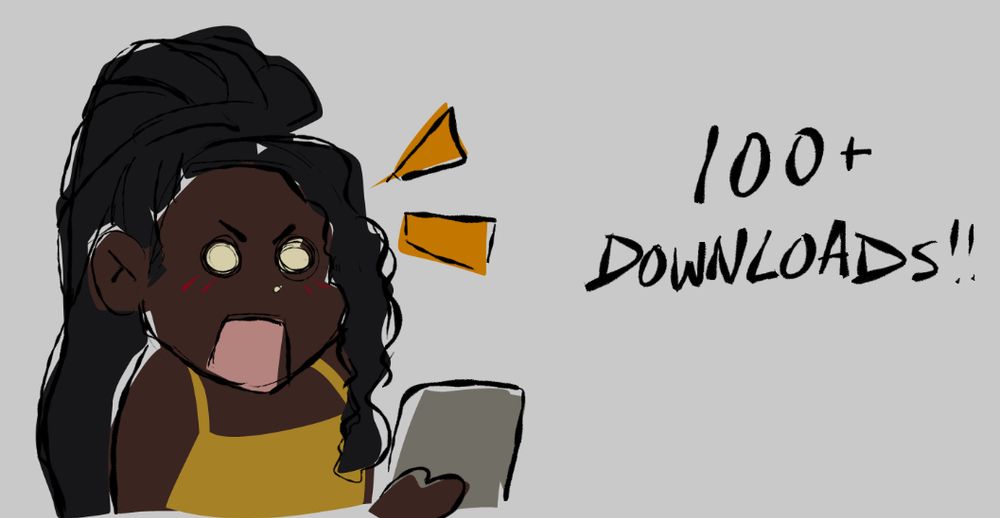 doodle of MC with a surprised face, and the words '100+ downloads!!' on the side