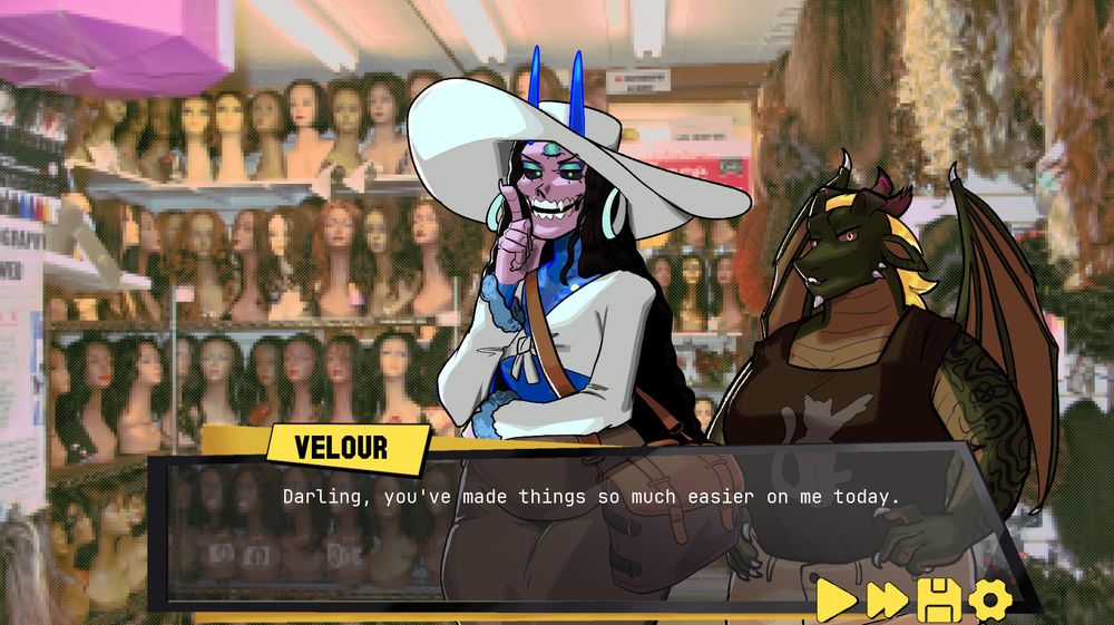 screenshot of my game with two sprites, velour (a femme skeleton guy) and gaia (a masc presenting dragon woman).