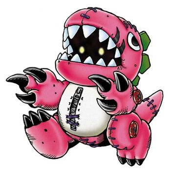 ExTyrannomon, a digimon. It's a scuffed looking plushie of a dinosaur with glowing eyes peering out from the mouth