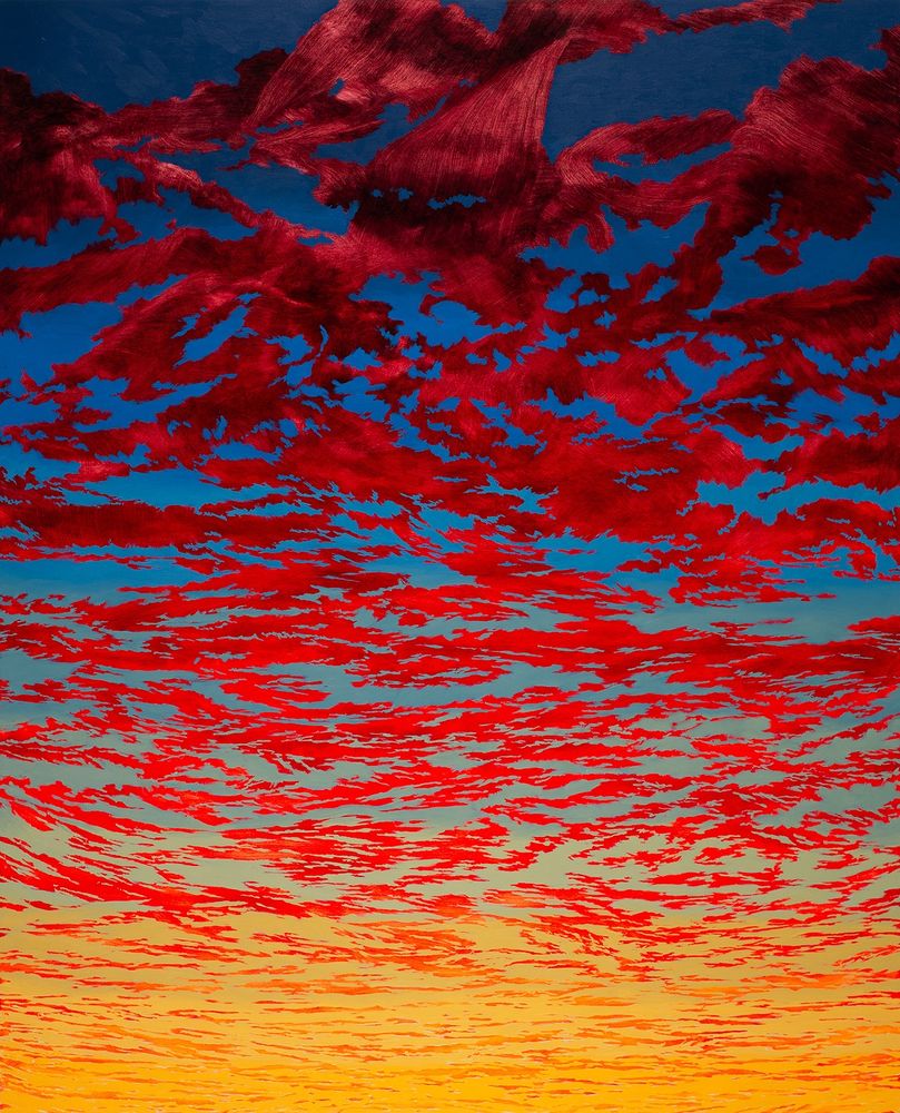 An abstract sunset painting. Dark blue sky fades to yellow, Red clouds.
