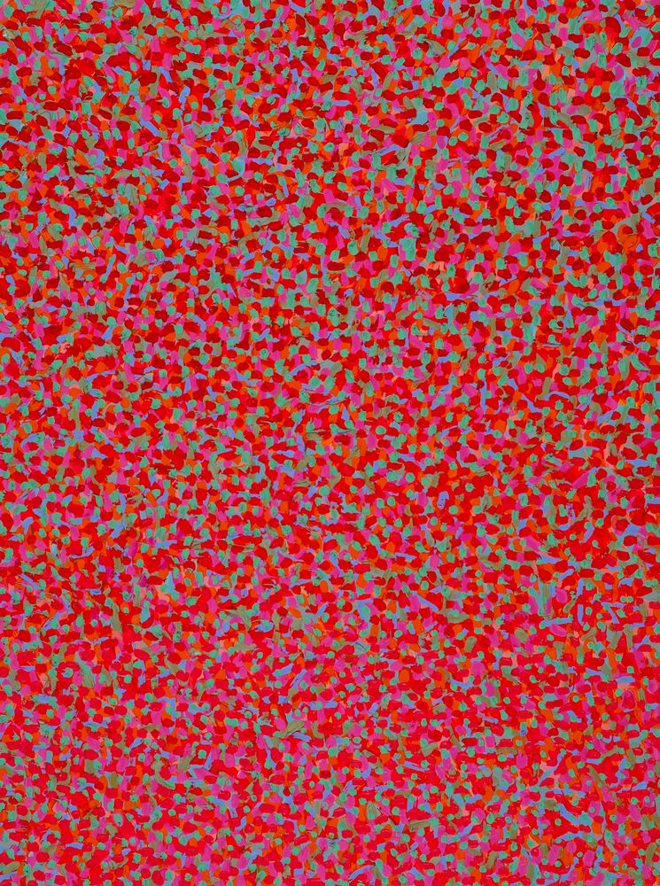 A textured oil painting with small red, gray, and pink dots that are close in value.