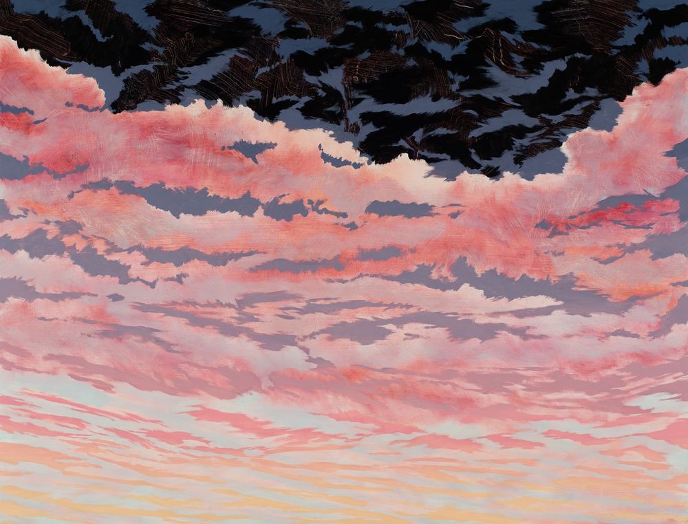 An oil painting depicting abstracted pink clouds with dark clouds at the top of the painting.