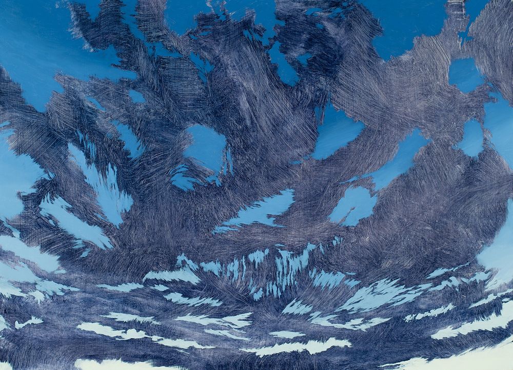 An oil painting of dark, brushy, abstract clouds and dark blue sky fading to light at the horizon.