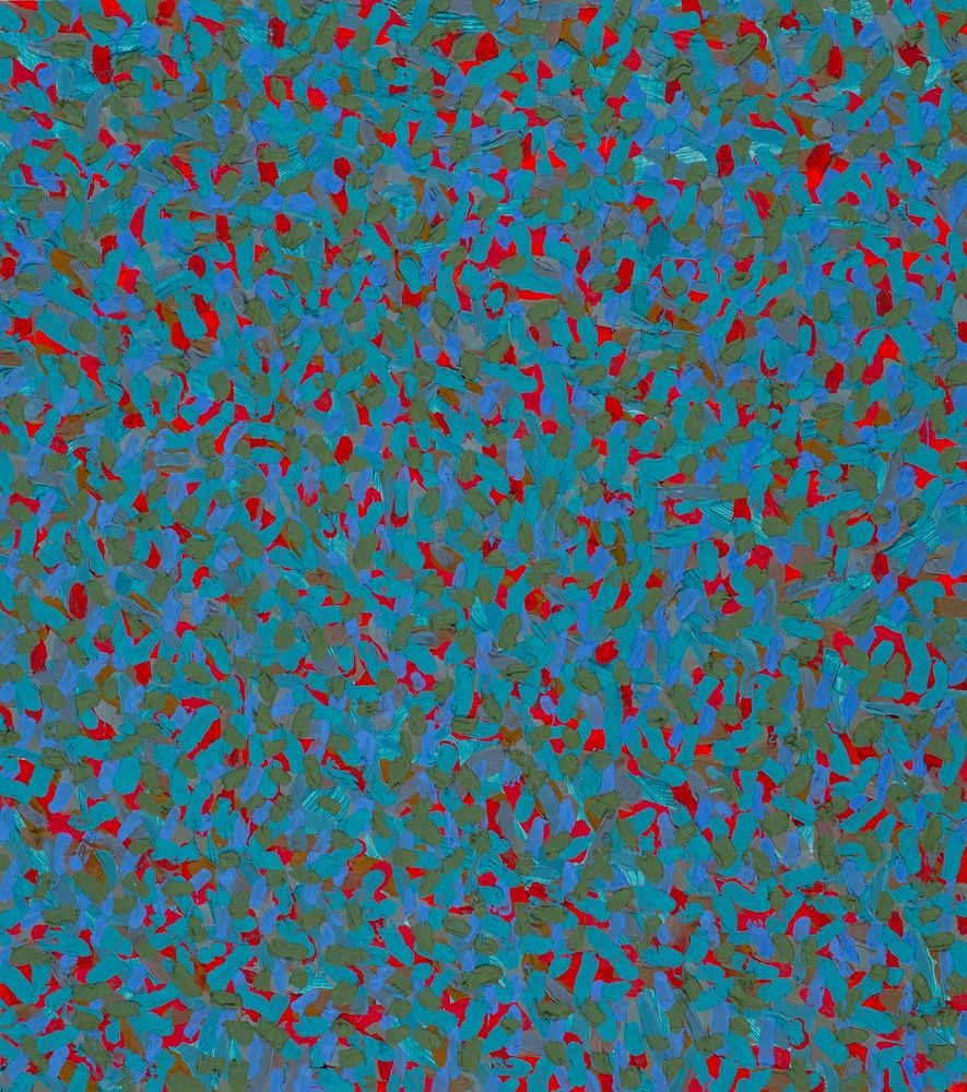 An oil painting with small, close value marks of red, blue and gray.