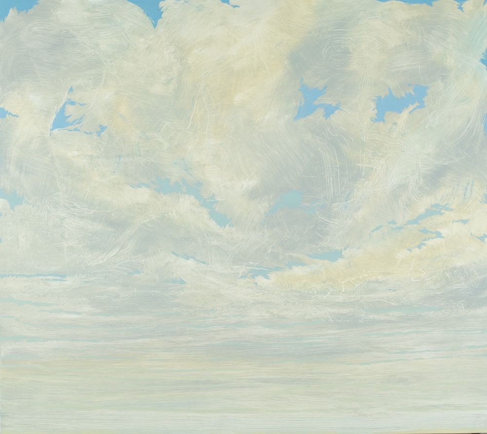 An oil painting of abstract, billowy clouds in a light sky.