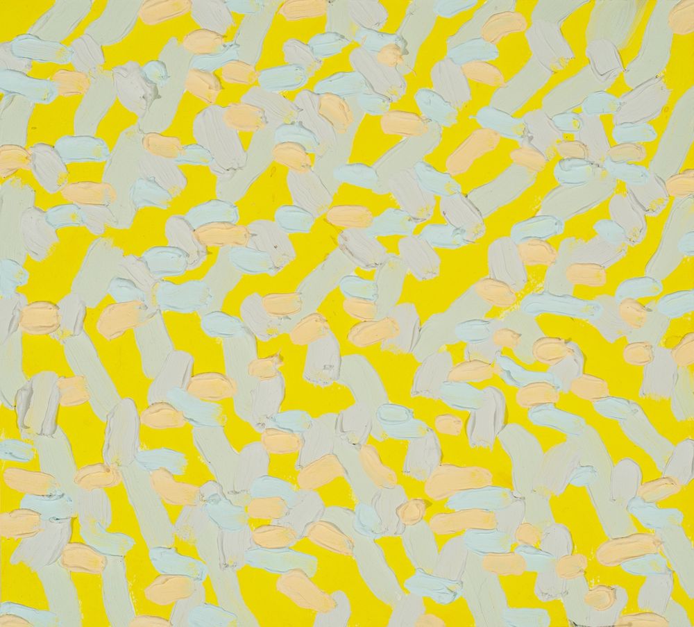 A yellow abstract oil painting with light gray marks.