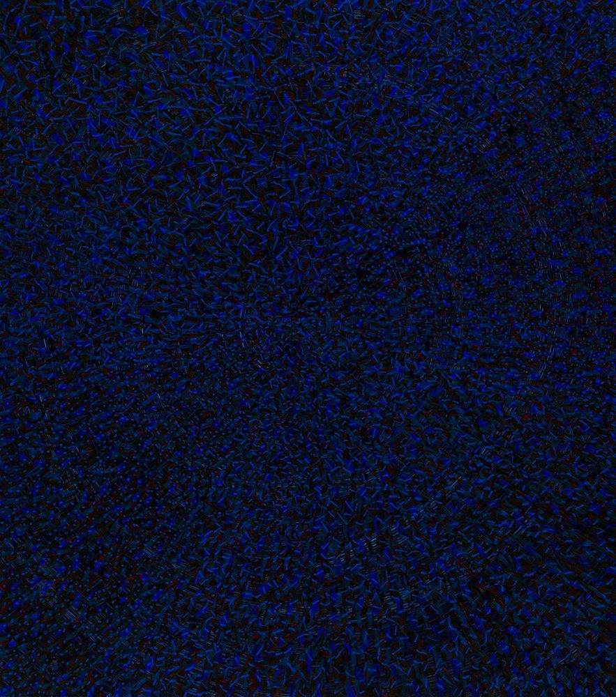 A painting with small, close value blue red and gray marks on a brushed circular background.