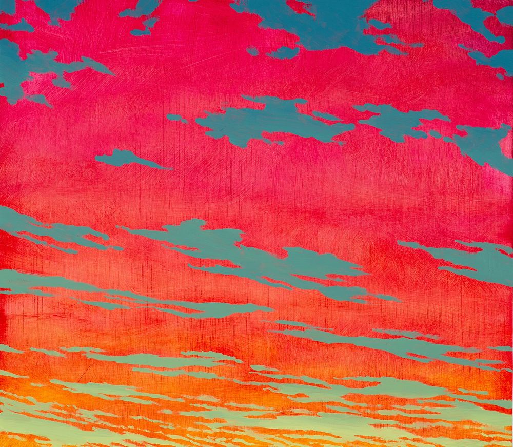 An oil painting of the sky during a sunset. The clouds are pink and orange and the sky fades from a light greenish blue to dark blue.