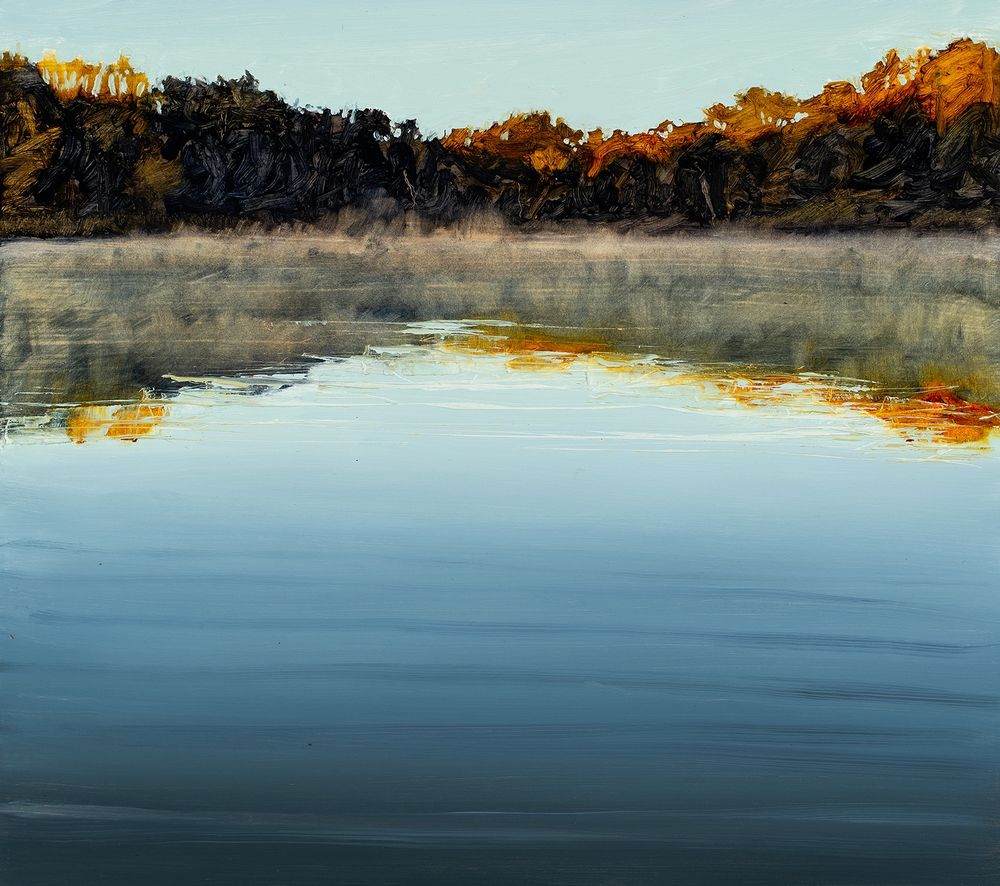 An oil painting of a still lake as the sun is rising. Mist is on the lake.