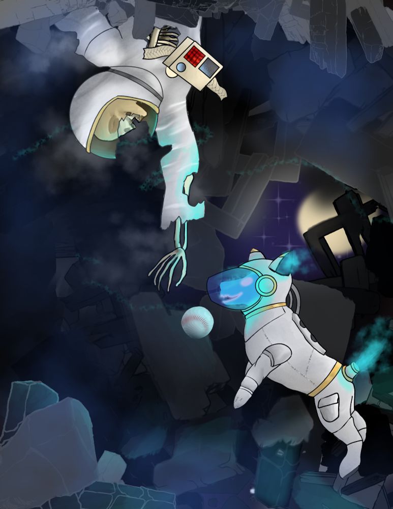 An image of a ghost dog in space hoping a long dead astronaut will play ball