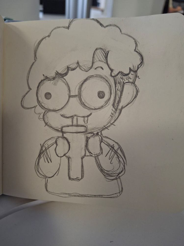 a sketch of my sona, drinking water from a large cup with a straw. his eyes are looking in two different directions and some water is leaking from the left corner of his mouth