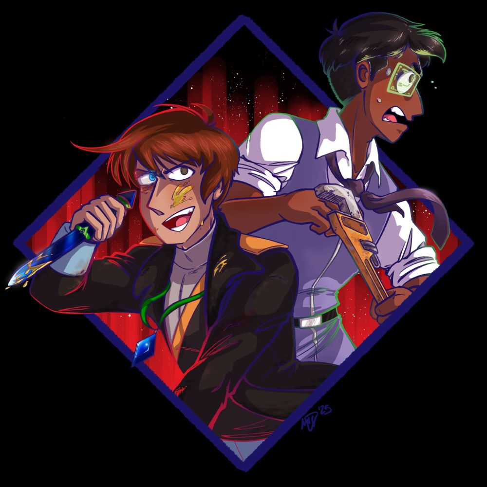 Maxwell by SpaceCat - a young man with reddish brown hair and a light complexion wearing a black coat. He holds a blue knife and wears a big blue diamond around his neck. He's laughing. Sam by GhostFriendMel - a young man with black hair and dark complexion. He holds a large wrench and looks like he's about to charge. Both characters are facing down an unseen threat. 