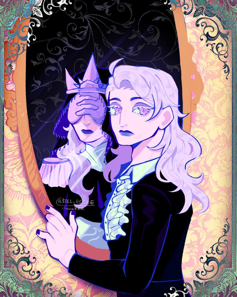 OC Lucetta with his ancestor Lucretia, this artwork definitely referenced to Sister of Mercy's song Lucretia my Reflection