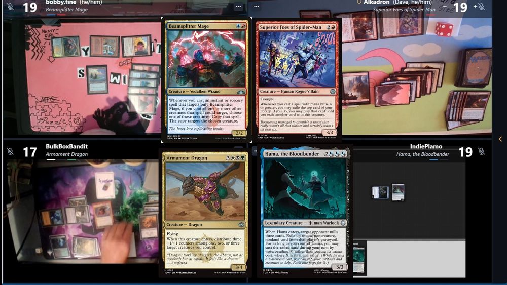 In Italy they're playing "Mono R Madness", we're playing 4MV rocks on @thepdhpod.bsky.social Saturday Morning Breakfast Serial, we are not the same. LIVE #PauperCommander gameplay at twitch.tv/thepdhpod
Beamsplitter Mage vs. Superior Foes of Spider-Man vs. Hama, the Bloodbender vs. Armament Dragon #PDH #PEDH #PauperCommander #MagicTheGathering 