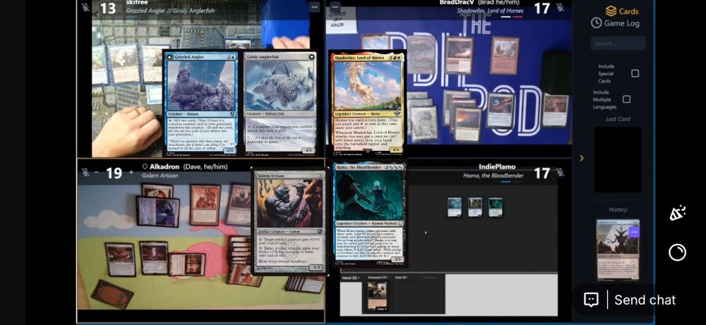 Watching @thepdhpod.bsky.social Saturday Morning Breakfast Serial LIVE #PauperCommander gameplay at twitch.tv/thepdhpod Grizzled Angler // Grisly Anglerfish vs. Shadowfax, Lord of Horses vs. Hama, the Blood ender vs. Golem Artisan 
#pdh #pedh #pauperedh #magicthegathering 