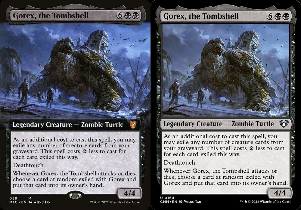 Magic: the Gathering — Gorex, the Tombshell from Midnight Hunt Commander (2021) Mythic rarity downshifted to Commander Masters (2023) Uncommon rarity