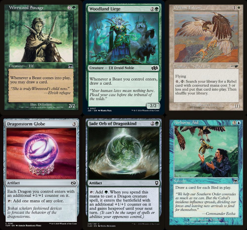 Wirewood Savage
{2}{G}
Creature — Elf

Whenever a Beast enters, you may draw a card.

“She is truly Wirewood’s child now.”
—Elvish refugee

2/2
Illustrated by DiTerlizzi
———
Woodland Liege
{2}{G}
Creature — Elf Druid Noble

Whenever a Beast you control enters, draw a card.

“Your human laws mean nothing here. Plead your case before the tribunal of the wilds.”

2/2
Illustrated by Marta Nael
———
Defiant Falcon
{1}{W}
Creature — Rebel Bird

Flying

{4}, {T}: Search your library for a Rebel permanent card with mana value 3 or less, put it onto the battlefield, then shuffle.

1/1
Illustrated by Heather Hudson
———
Dragonstorm Globe
{3}
Artifact

Each Dragon you control enters with an additional +1/+1 counter on it.

{T}: Add one mana of any color.

Jeskai scholars fashioned devices to forecast the behavior of the dragonstorms.

Illustrated by Adrián Rodríguez Pérez
———
Jade Orb of Dragonkind
{2}{G}
Artifact

{T}: Add {G}. When you spend this mana to cast a Dragon creature spell, it enters with an additional +1/+1 counter on it and gains hexproof until your next turn. (It can’t be the target of spells or abilities your opponents control.)

Illustrated by Olena Richards
———
Airborne Aid
{3}{U}
Sorcery

Draw a card for each Bird on the battlefield.

“We help our Southern Order comrades as much as we can. But the Cabal’s insidious influence spreads, dividing our forces and leaving new arrivals to fend for themselves.”
—Commander Eesha

Illustrated by Bradley Williams